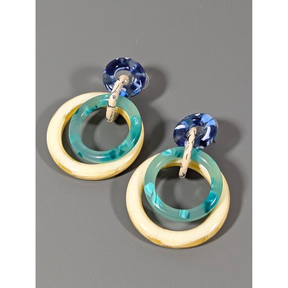 Lele Sadoughi Double Ring Drop Earrings Blue Green Oversized MINT - Picture 6 of 7